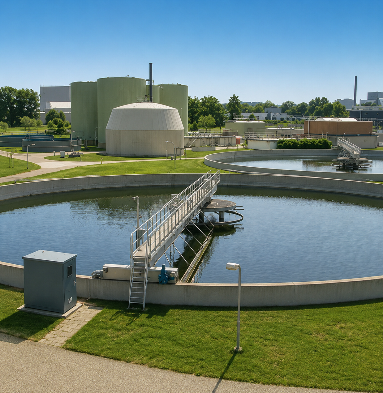 Circular water treatment tanks with a metal walkway and industrial buildings under a clear blue sky
