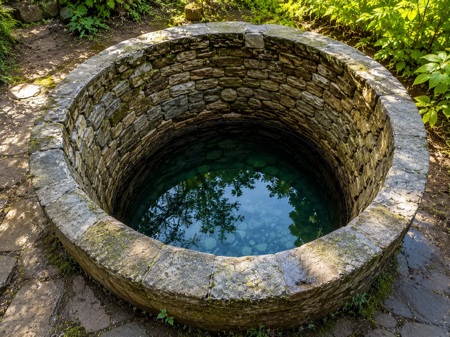 Old stone well filled with water, surrounded by greenery