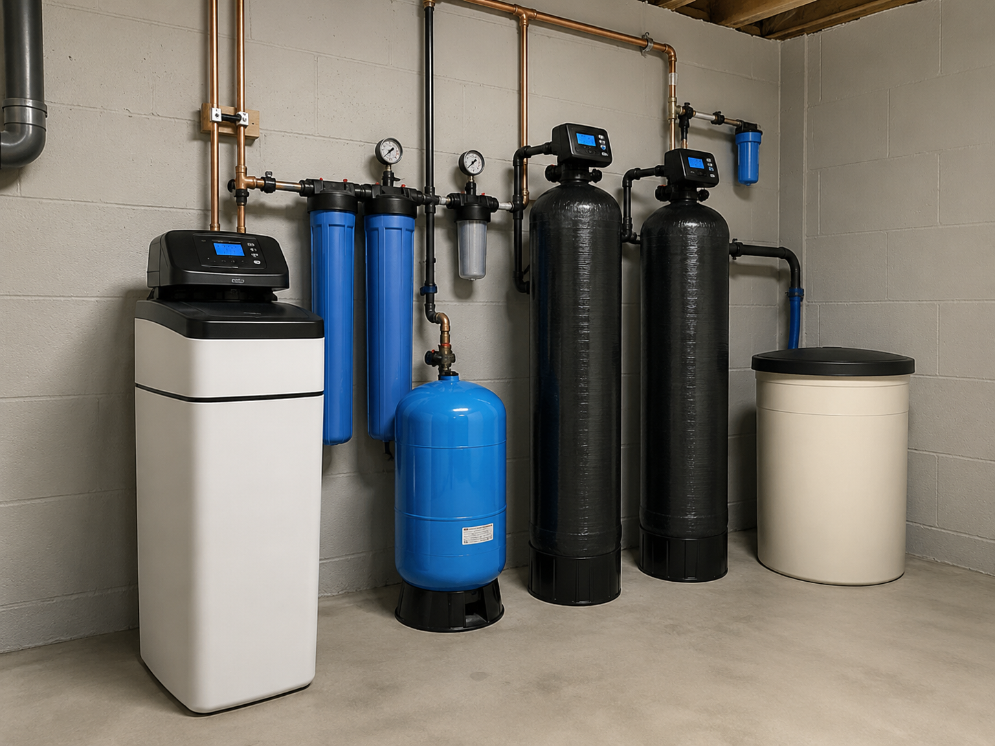 Basement utility room with water softener, blue tanks, and filtration system along a wall