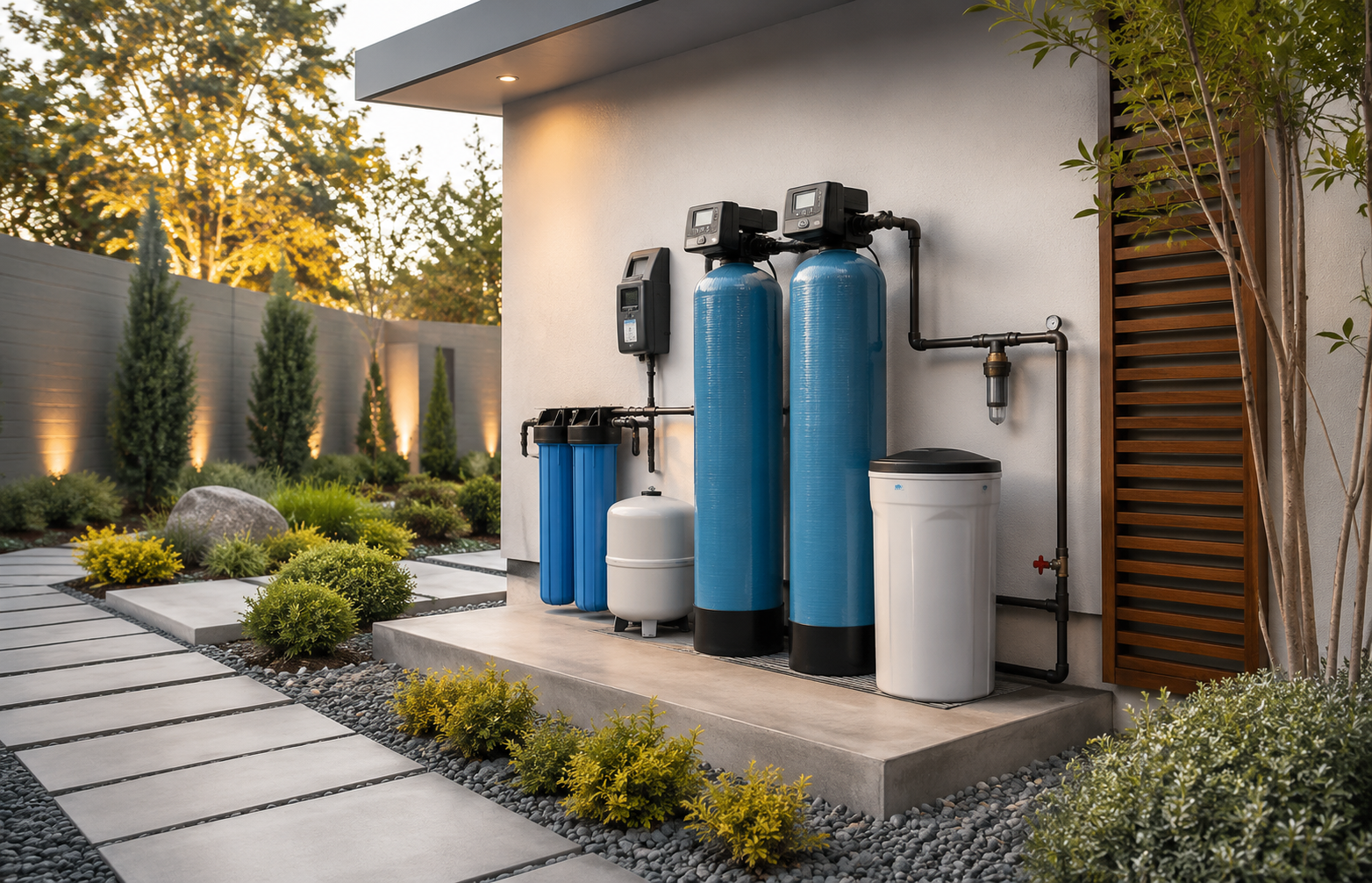 Person working on a black-and-yellow water filter connected to white pipes beside a blue barrel outdoors