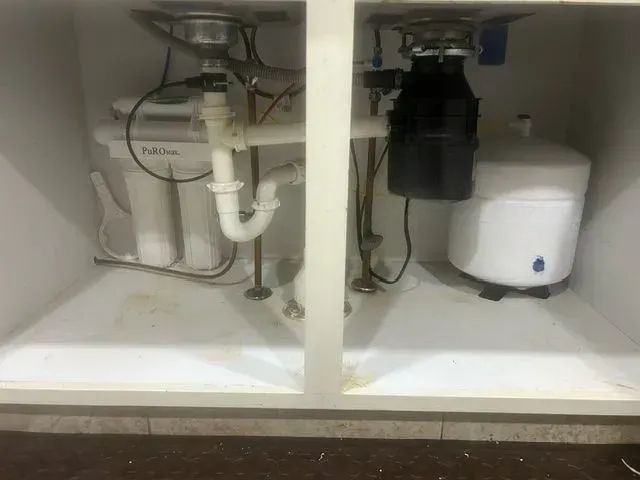 Under-sink plumbing and water filter in a white kitchen cabinet