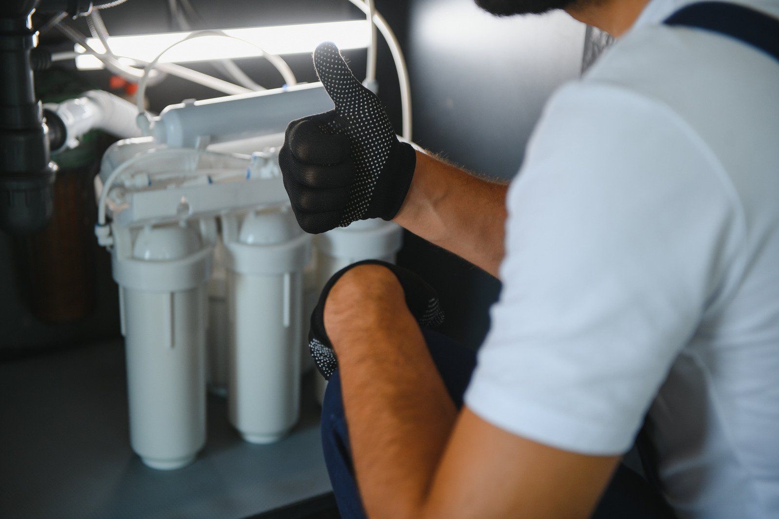 Technician inspecting a white water filter unit under bright light.