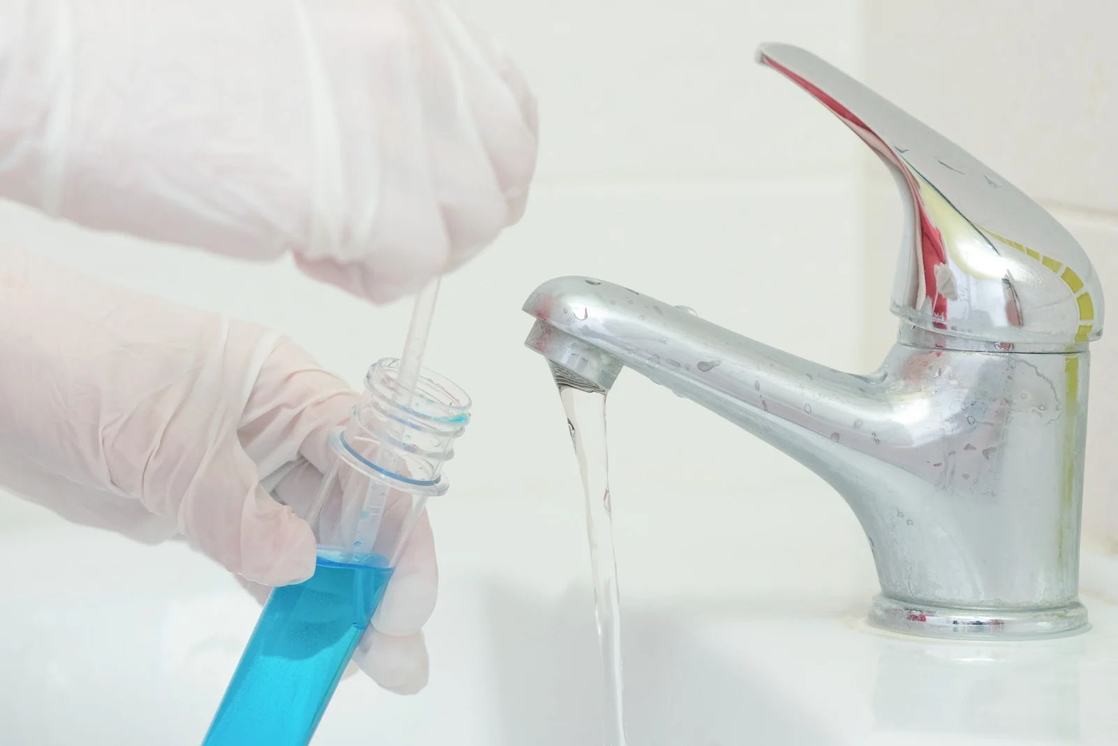 Gloved hands pour blue liquid from a bottle into a bathroom sink faucet drain