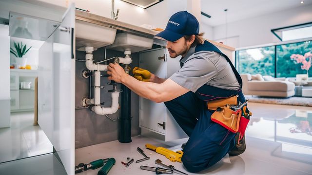 Plumber repairing pipes under a kitchen sink with tools on the floor in a bright modern home