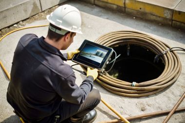 Worker in hard hat inspecting a manhole with a tablet and coiled cable nearby.