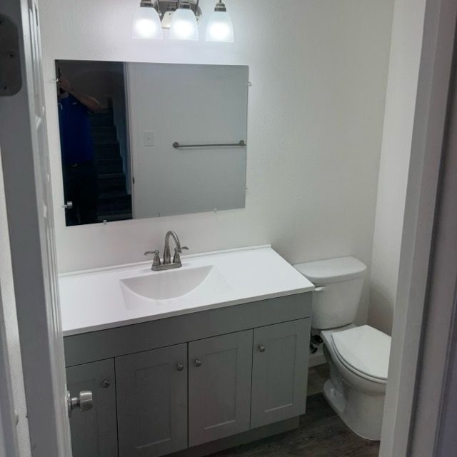 Small white bathroom with gray vanity, sink, mirror, and toilet beside a shower curtain opening
