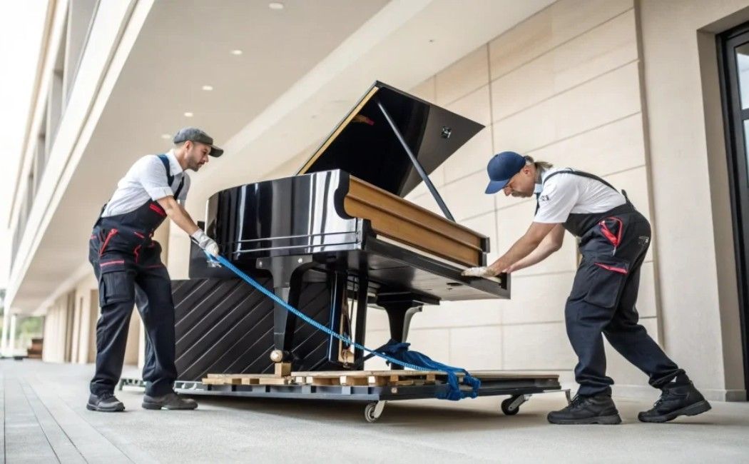 Two movers carrying a black grand piano on a blue dolly into a building.