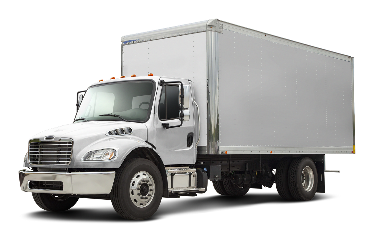 White box truck on a white background, shown in front-left view. White box truck on a white background, shown in front-left view.