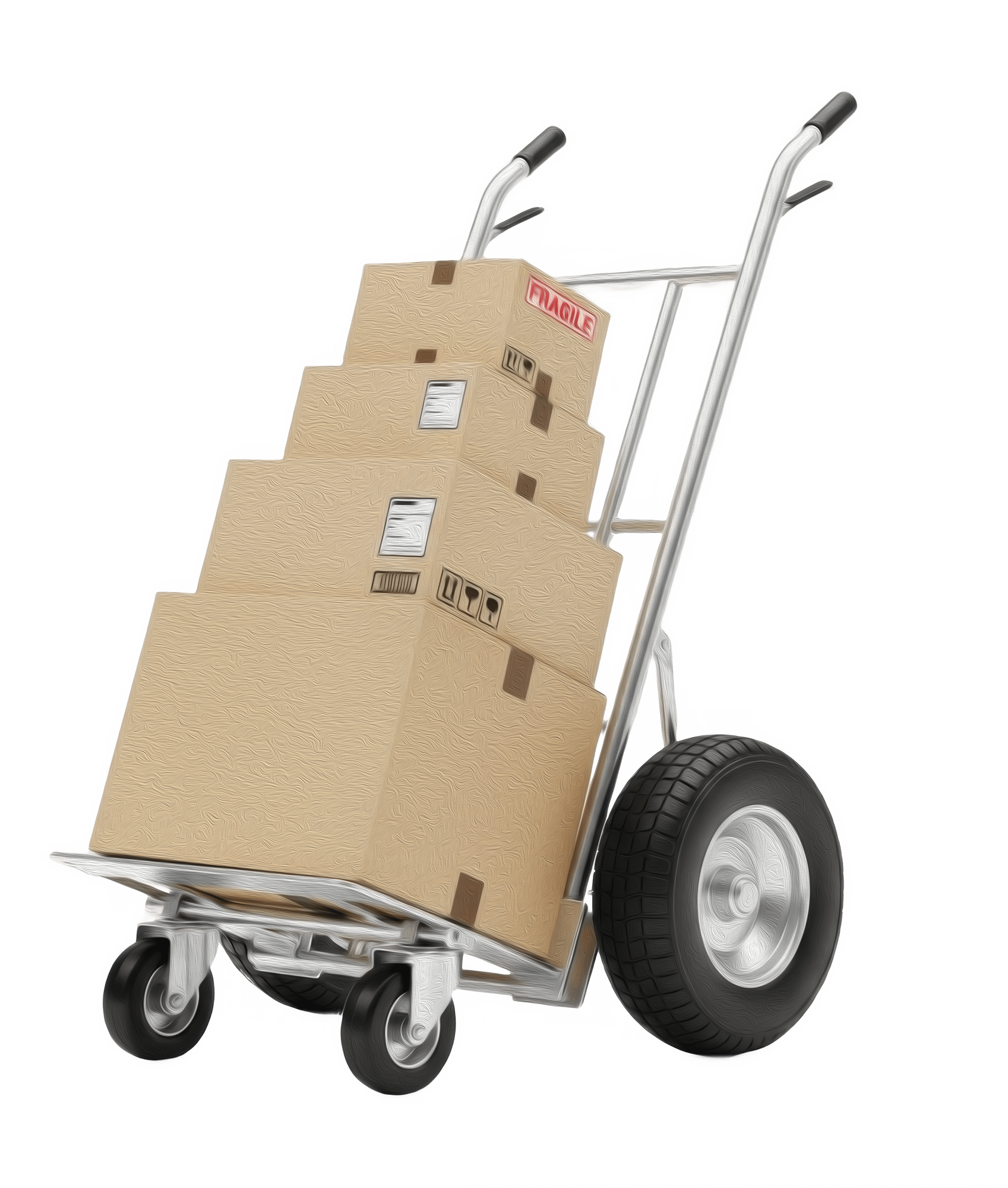 Hand truck loaded with stacked cardboard boxes and two large wheels Hand truck loaded with stacked cardboard boxes and two large wheels