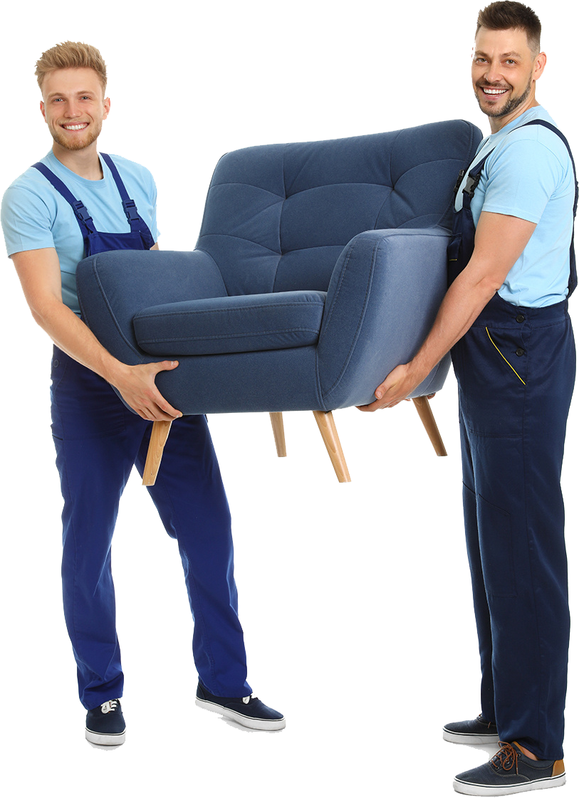 Two movers carrying a navy blue armchair, smiling on a white background Two movers carrying a navy blue armchair, smiling on a white background