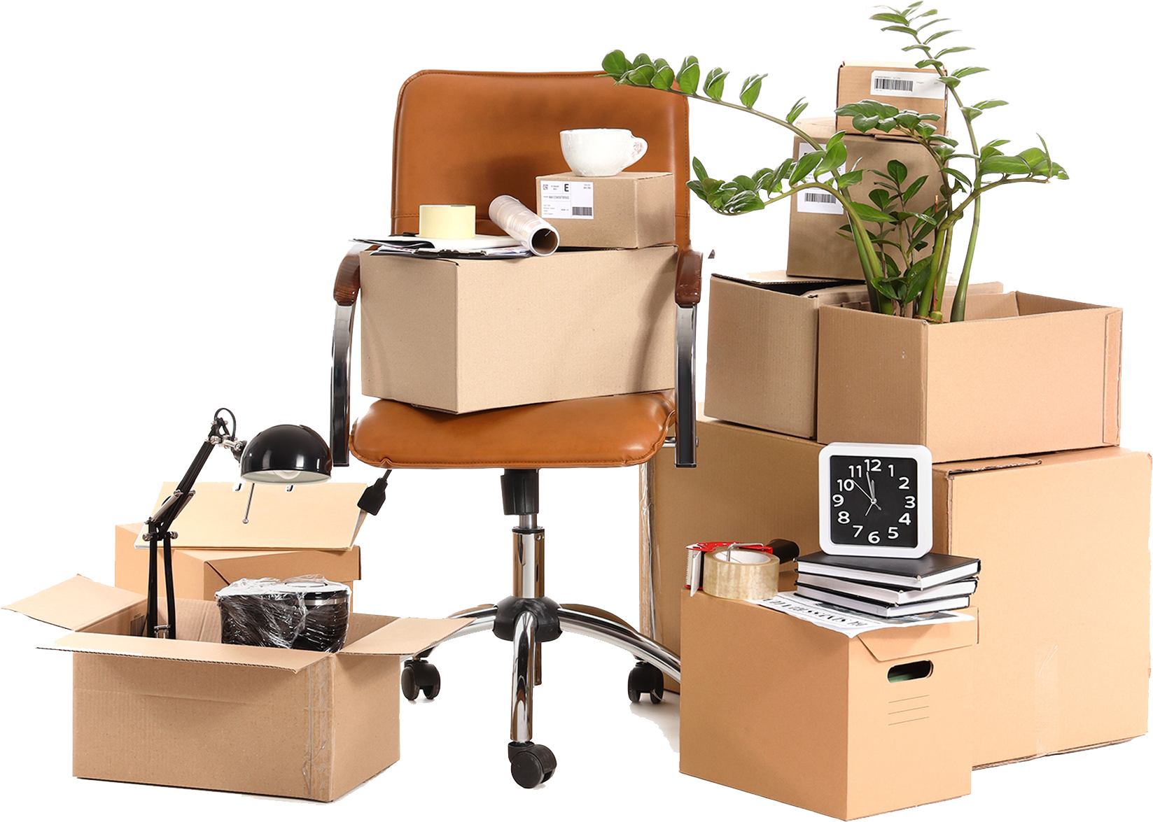 Cardboard boxes packed with office items around a brown rolling chair, symbolizing moving or relocation Cardboard boxes packed with office items around a brown rolling chair, symbolizing moving or relocation
