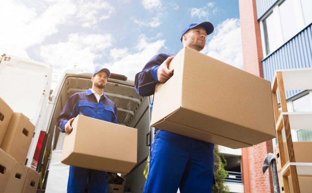Two movers carrying cardboard boxes outside near a truck and shipping containers