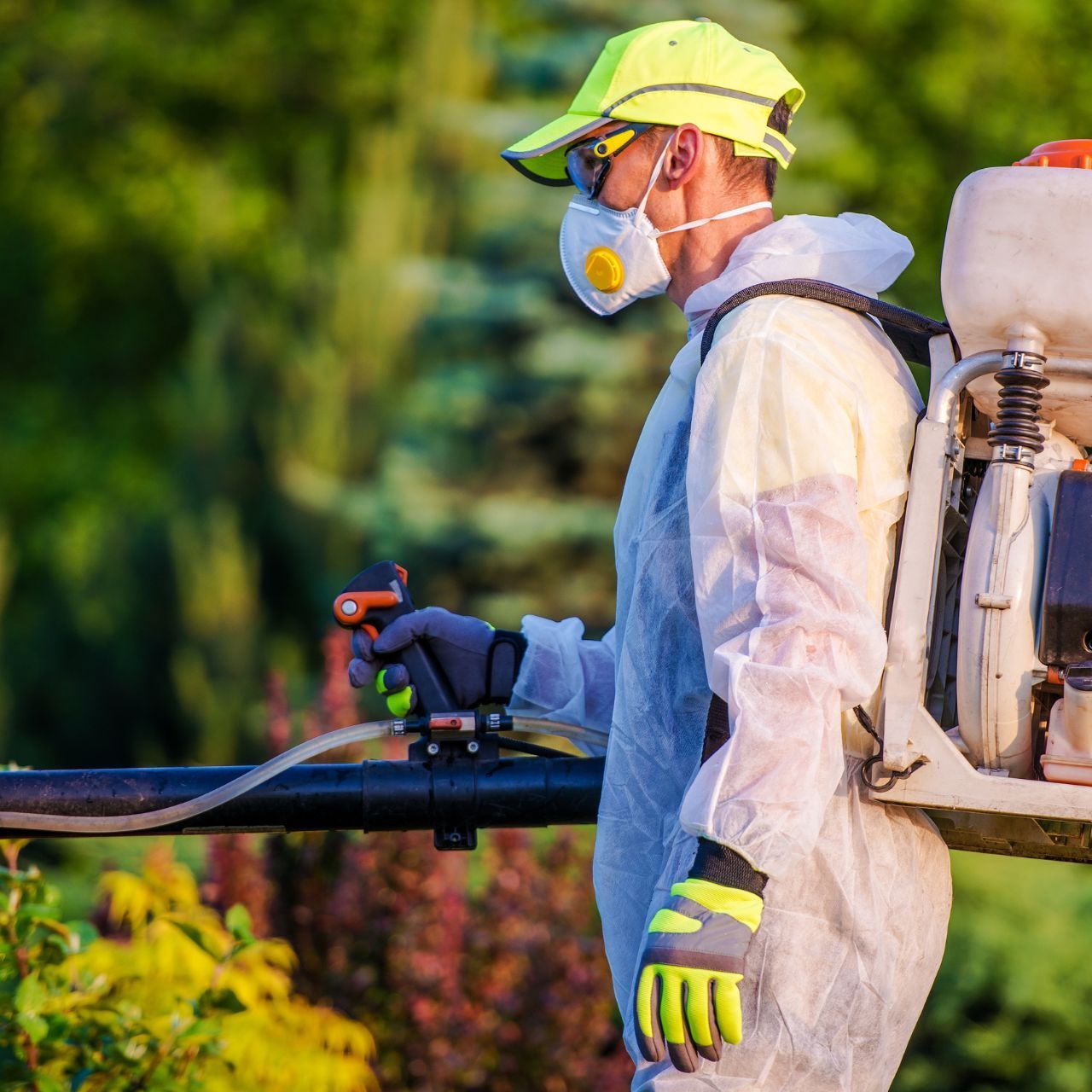 A man wearing a mask and gloves is spraying plants with a pest control sprayer.