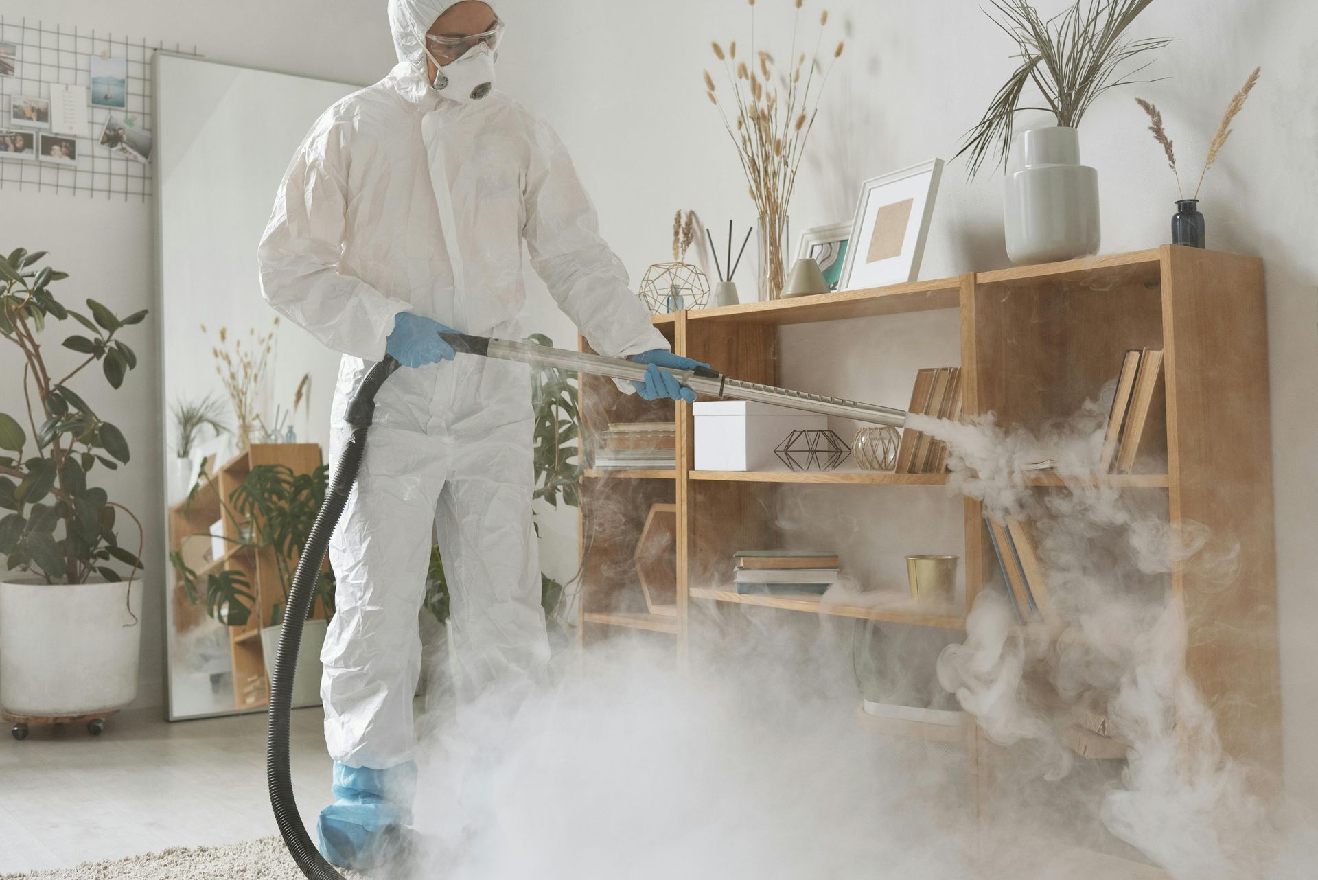 A man in a protective suit is spraying a room with pest control spray.