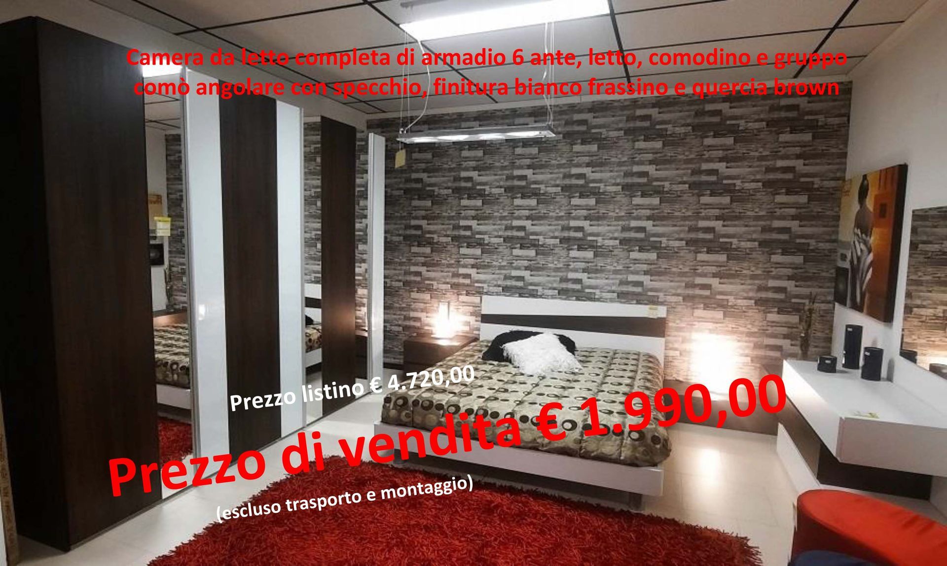 Camera da letto, mobili scuri e bianchi, tappeto rosso e cartellino del prezzo in un ambiente interno.