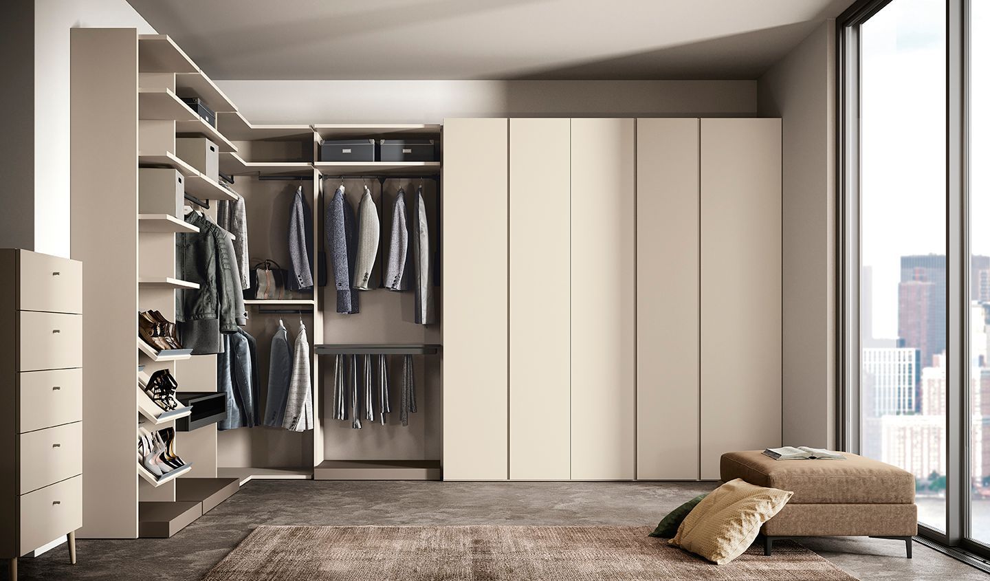 Armadio moderno con ripiani a giorno e mobili chiusi. Toni neutri, ampia finestra, tappeto e pouf.