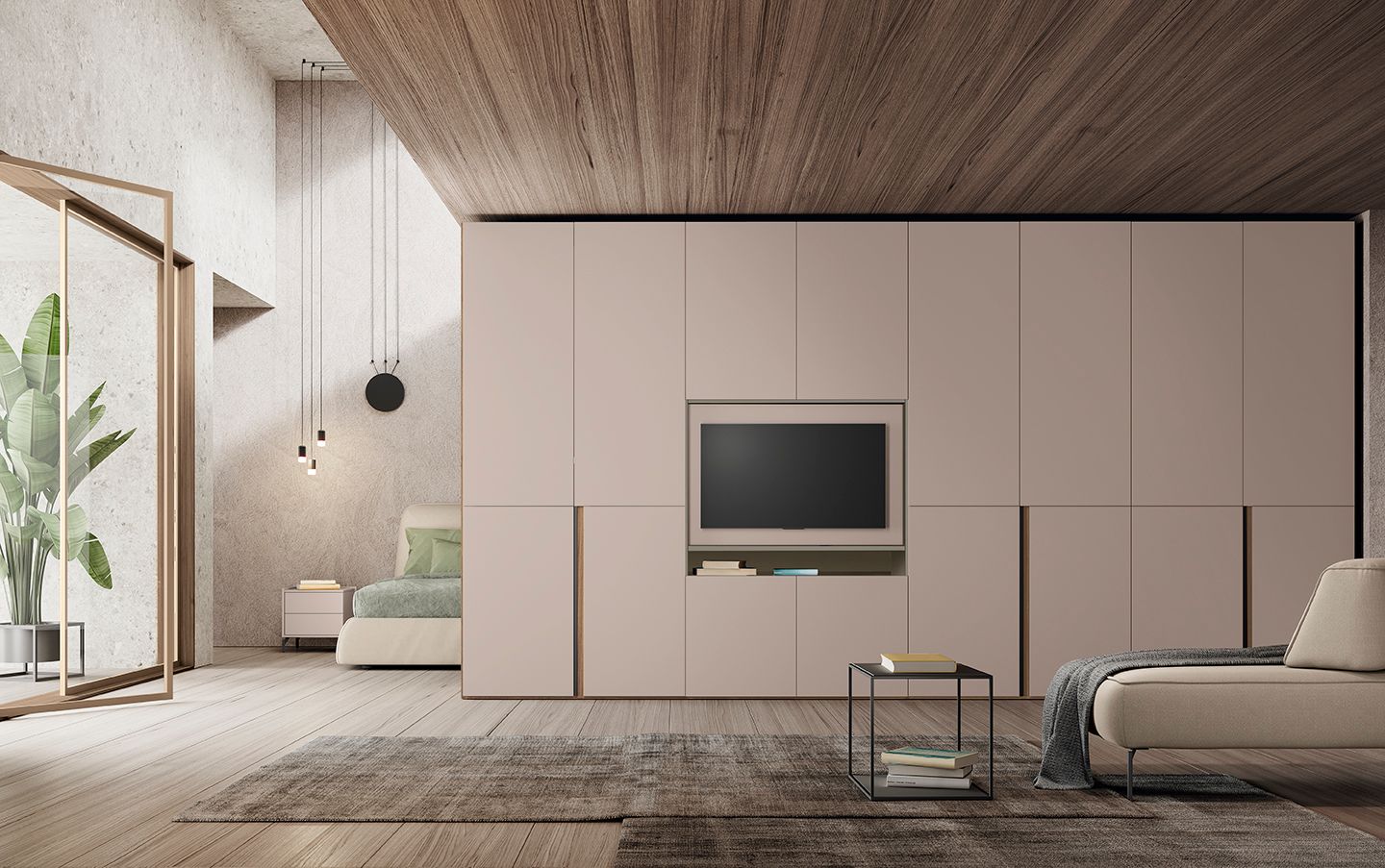 Camera da letto moderna con armadio rosa chiaro, TV, divano e porta a vetri che si apre su un balcone con piante.