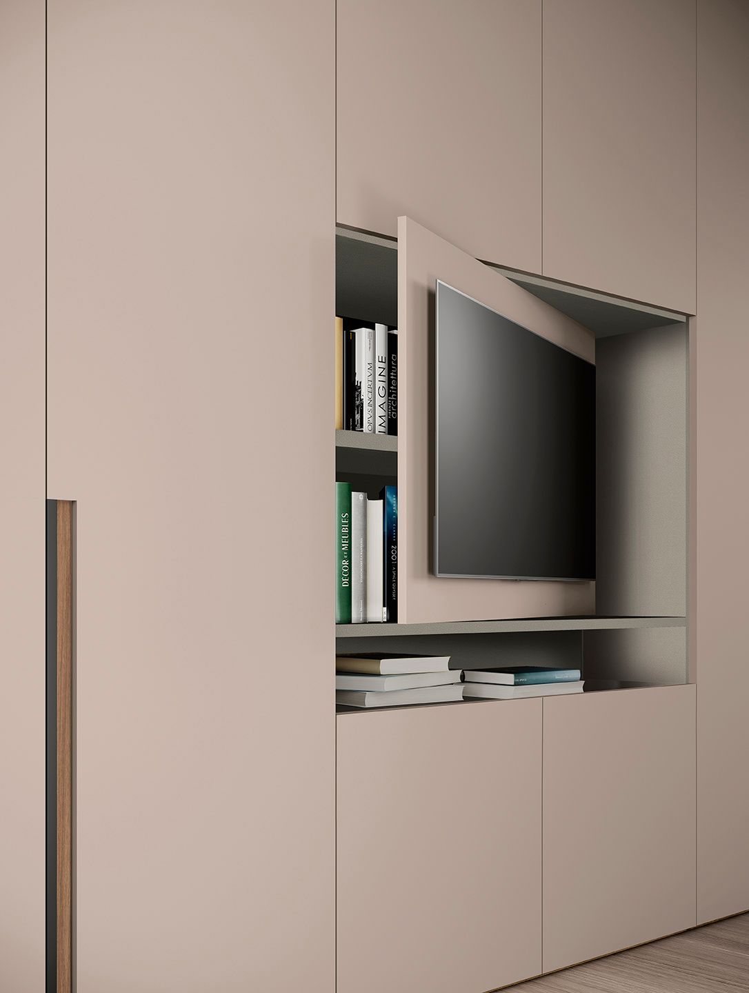 Mobile a muro con televisore incassato, parzialmente aperto per rivelare una libreria. Ante beige-rosate, ambiente neutro.
