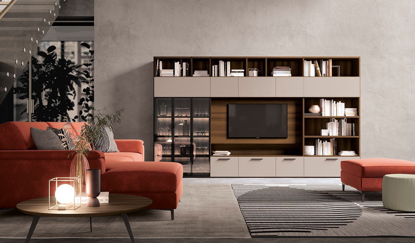 Soggiorno moderno con divano arancione, centro multimediale integrato e tavolino da caffè.