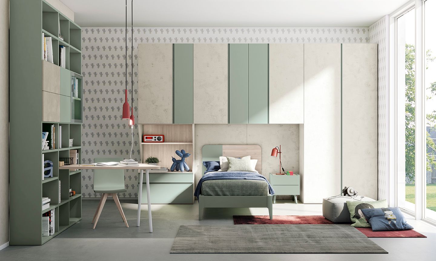 Camera da letto moderna con arredi verde menta e beige. Include letto, scrivania, armadio e un'ampia finestra.