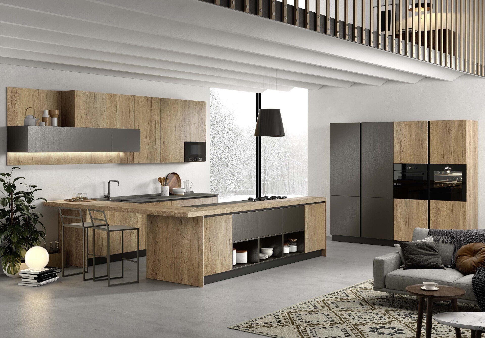Cucina moderna con mobili in legno e grigi, isola e ampia finestra.