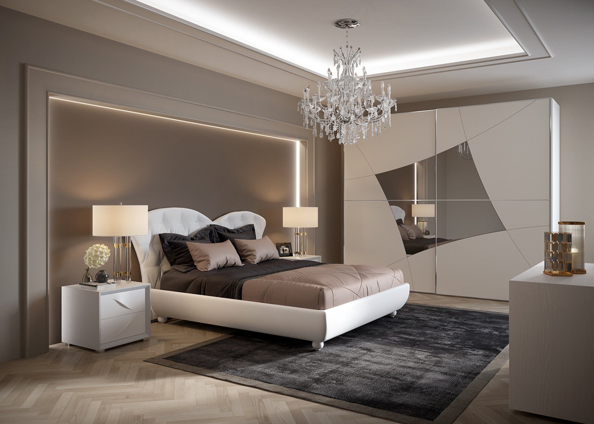 Lussuosa camera da letto nei toni del bianco e del marrone, con letto, armadio a specchio e lampadario.