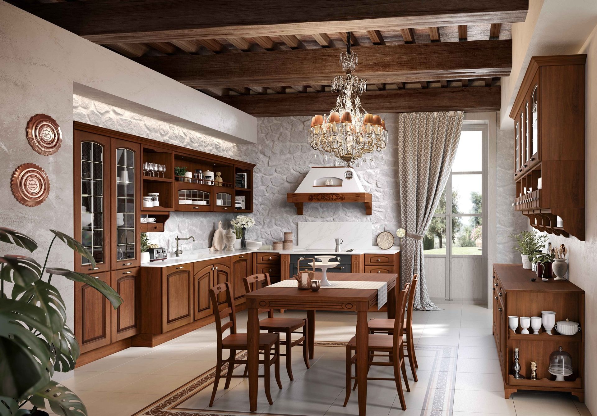 Cucina in legno con tavolo da pranzo, mobili e lampadario; parete in pietra e travi a vista.