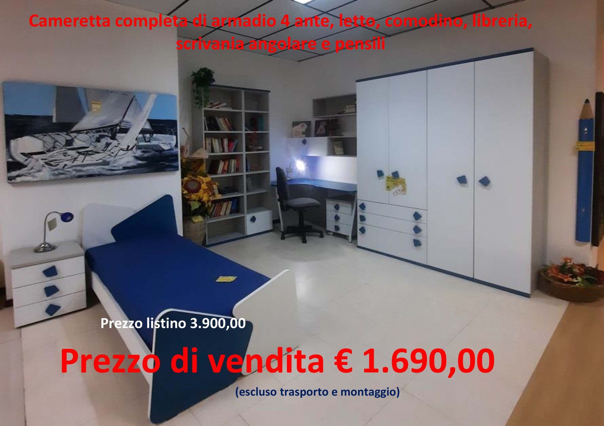 Set di mobili per camera da letto con letto, armadio, scrivania e libreria; prezzo di vendita € 1.690,00.