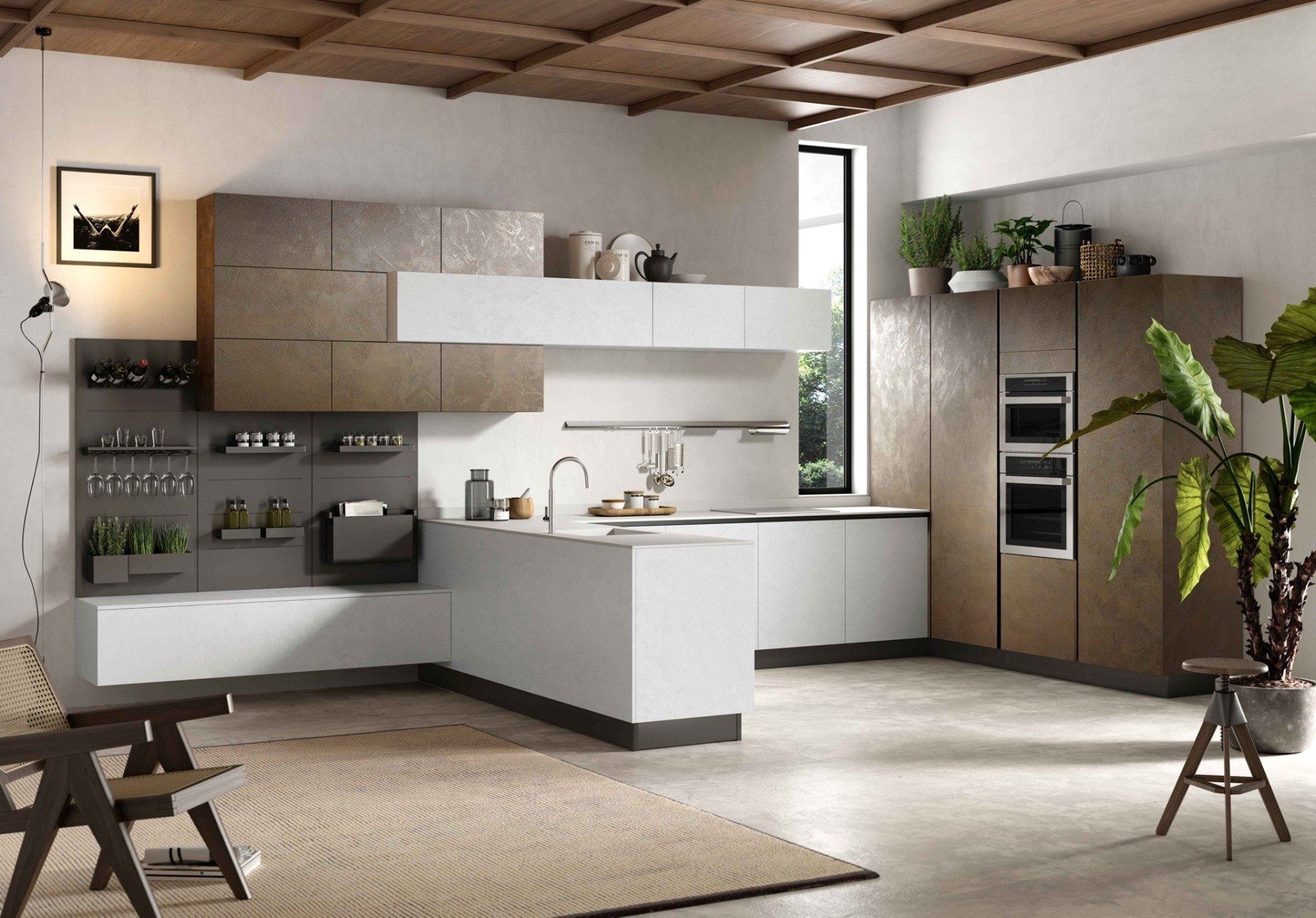 Cucina moderna con mobili bianchi e marroni, isola e piante.