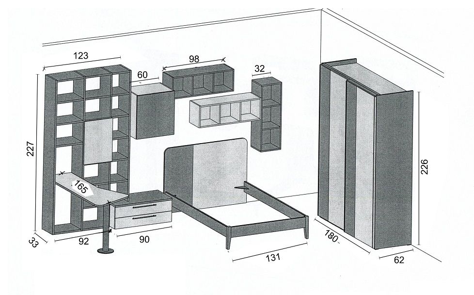 Disposizione dei mobili della camera da letto con dimensioni: libreria, letto, comodino, armadi e guardaroba.
