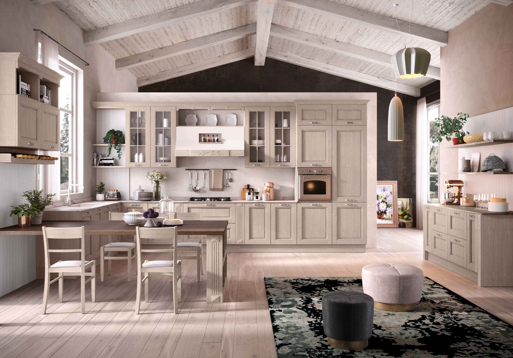 Accogliente cucina con mobili beige chiaro, travi a vista e un tavolo da pranzo, impreziosito da un tappeto nero e un morbido pouf.