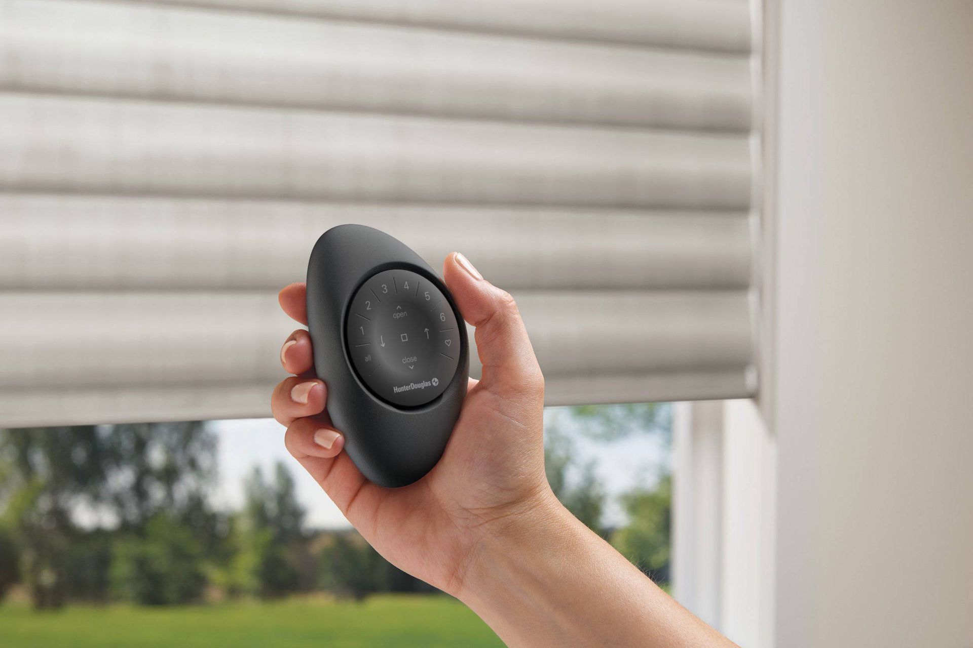 Connect PowerView® Gen 3 motorized shades to your smart home platform or use a Hunter Douglas Pebble® Remote for automated light and privacy control.