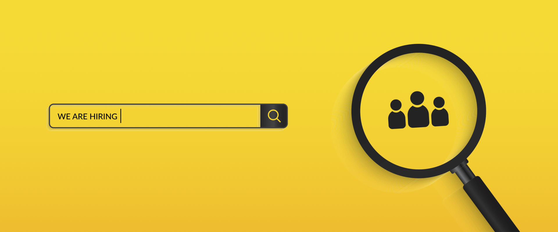 A magnifying glass is looking at a group of people on a yellow background.