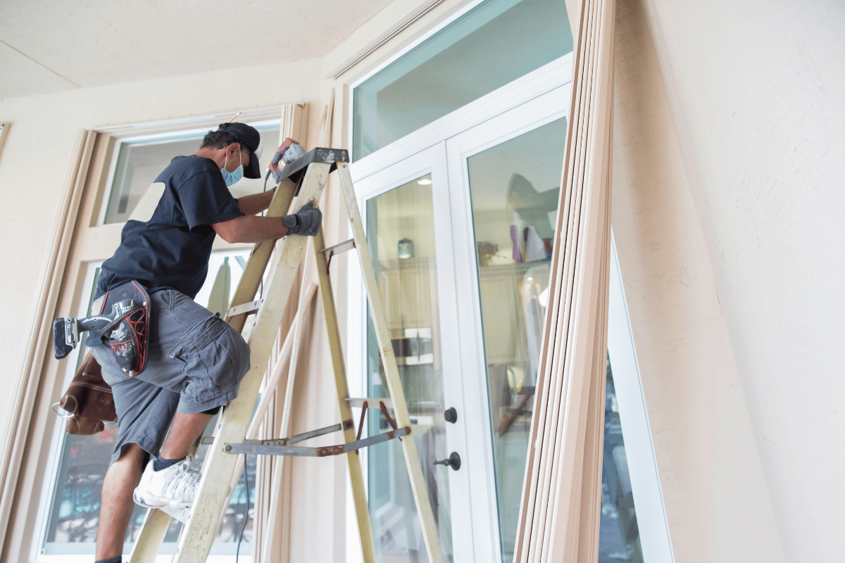 Man on ladder installing trim near a glass door.