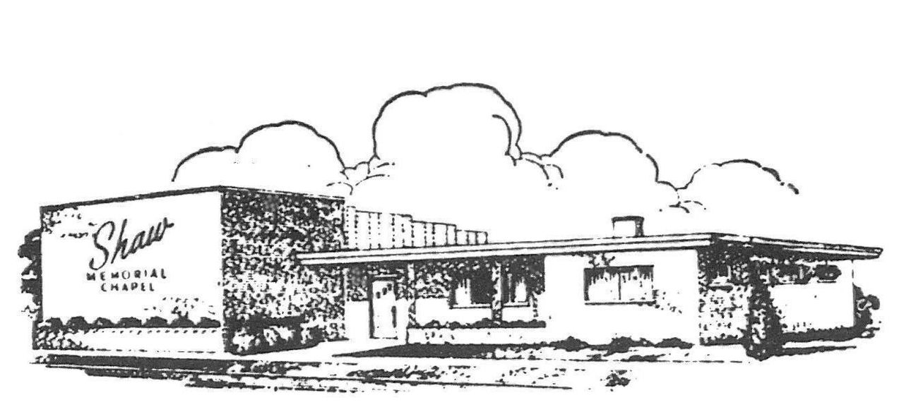 Black and white illustration of Shaw Memorial Chapel building with clouds in the background.