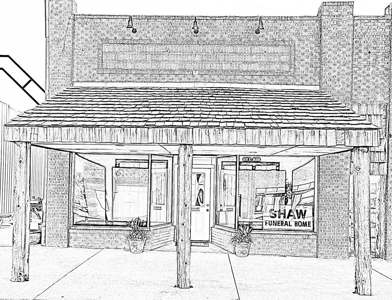 Drawn exterior of Shaw Funeral Home, shopfront with awning and brick facade, front view.