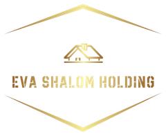 Logo doré pour Eva Shalom Holding comportant une icône de maison à l'intérieur d'une forme de diamant, avec du texte en dessous.