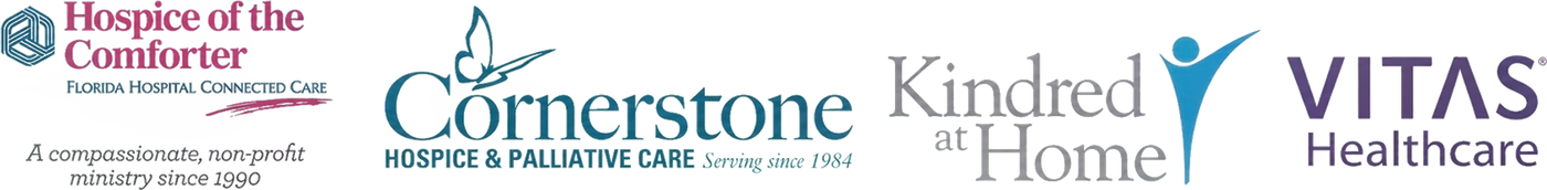 Hospital/healthcare logos for Hospice of the Comforter, Cornerstone Hospice, Kindred Home, and Vitas Healthcare.
