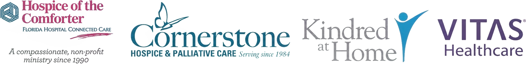 Hospital/healthcare logos for Hospice of the Comforter, Cornerstone Hospice, Kindred Home, and Vitas Healthcare.