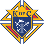 Knights of Columbus emblem with gold star, blue shield, and crossed tools on white background
