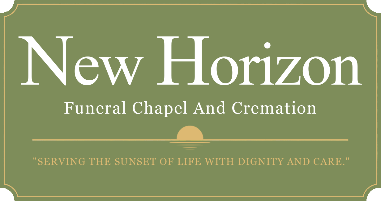 Green sign for New Horizon Funeral Chapel and Cremation with gold text and a service slogan.