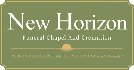 Green sign for New Horizon Funeral Chapel and Cremation with gold text and a service slogan.
