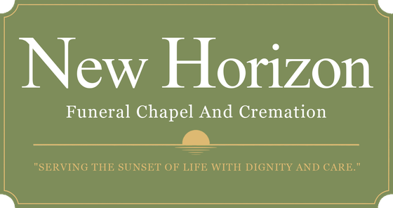 Green sign for New Horizon Funeral Chapel and Cremation with gold text and a service slogan.