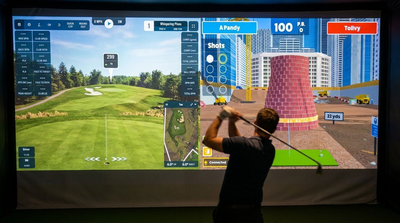 Person golfing on a large screen with split-screen game display and score overlays