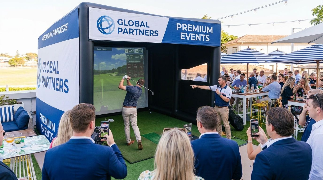 Outdoor golf simulator activation with “Global Partners” signage