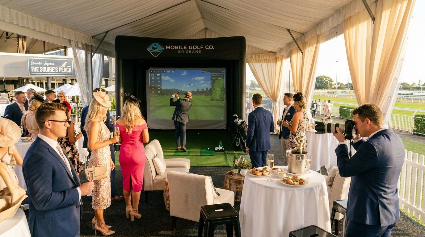Guests at a trackside event watch a golf simulator on a large screen in a tented venue