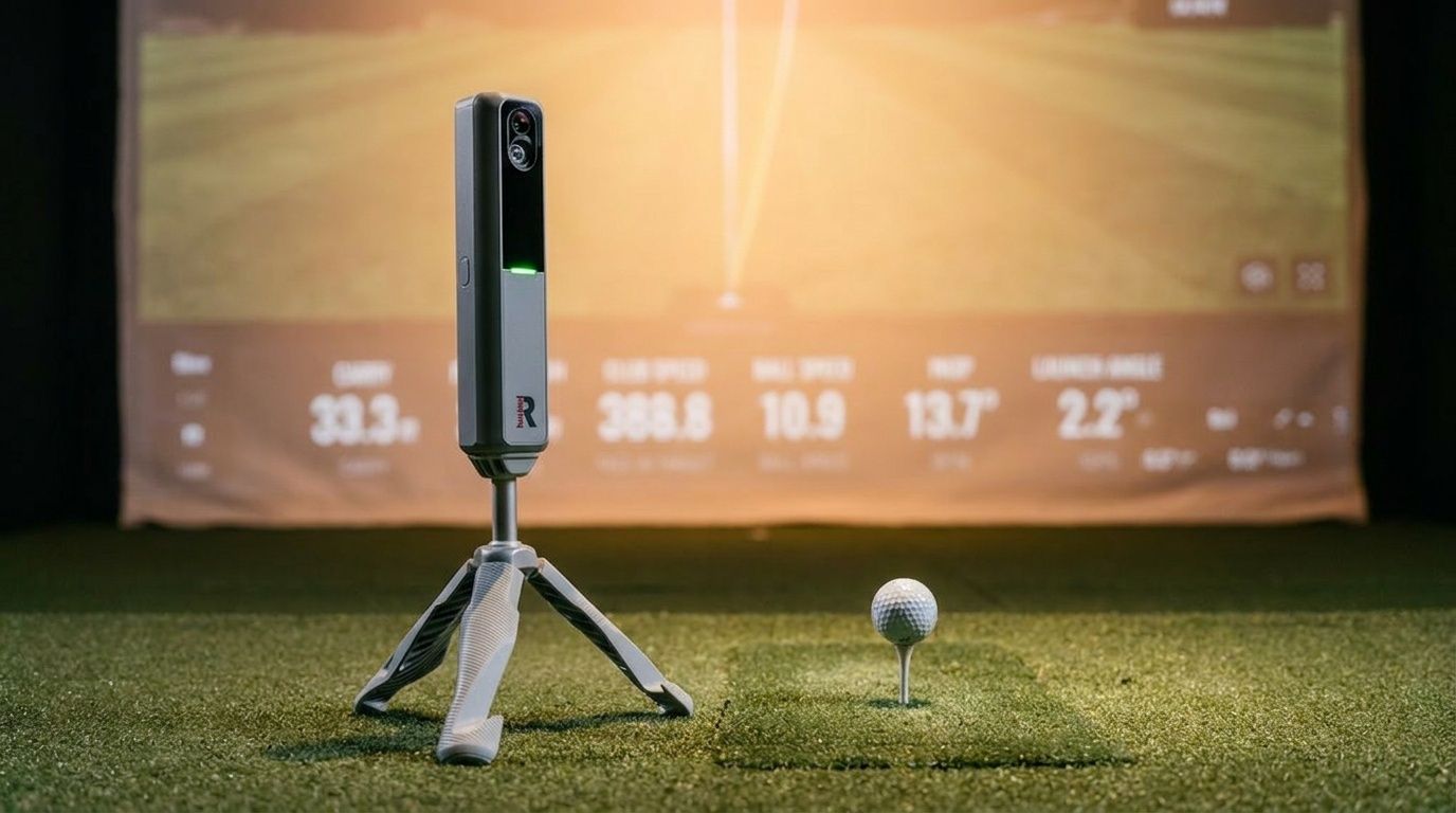 Rapsodo MLM2 Pro on a putting green in front of a projected golf simulator screen