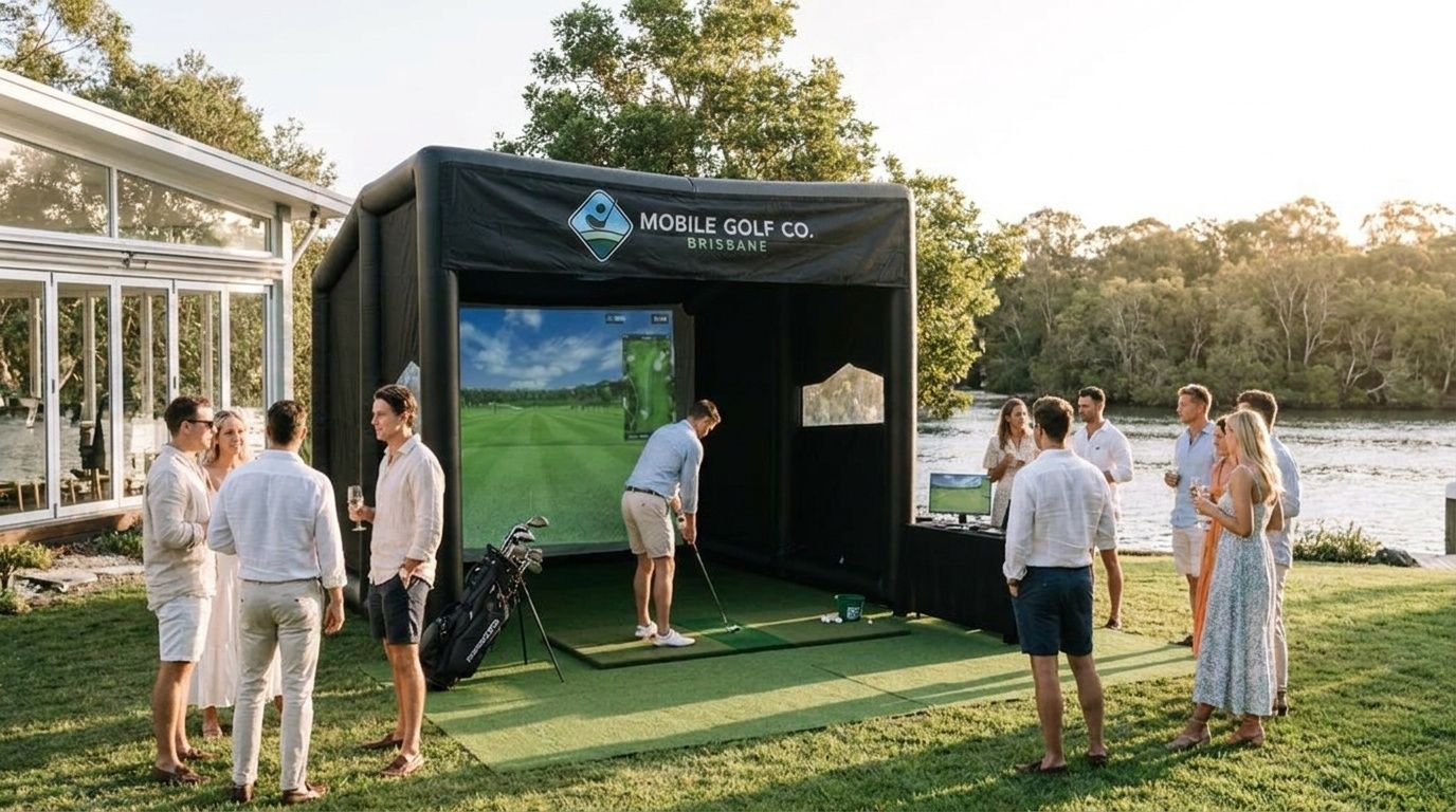 People viewing a golf simulator activation on a venue next to the river.