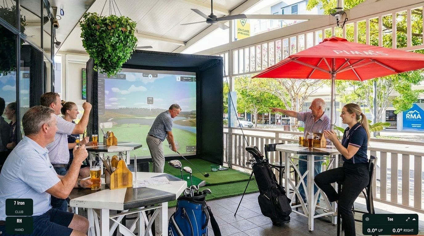 People enjoying drinks at a covered outdoor golf simulator lounge with a red umbrella and potted greenery