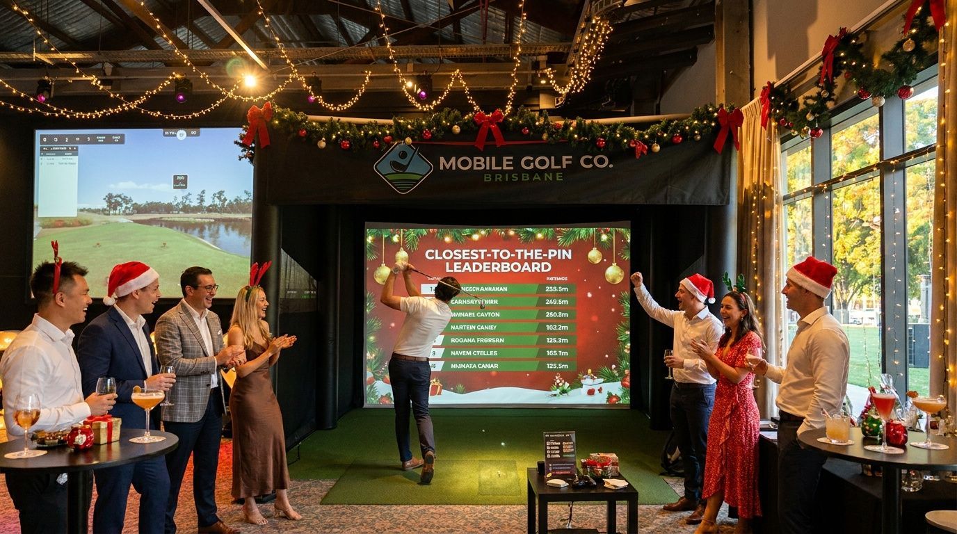 People celebrating at an indoor golf event with a large leaderboard screen and Christmas decorations